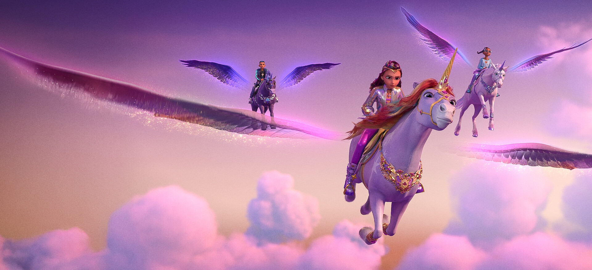 Sophia e outros cavaleiros voam com unicórnios sobre as nuvens em Unicorn Academy: Secrets Revealed.